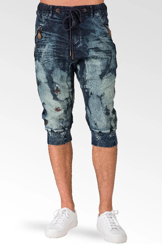 Dark Blue Clouded Wash Premium Knit Denim Jogger Capri Short, Rib Bottom 3D Whiskering 18" Inseam