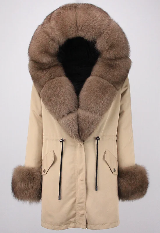 LAVELE Beige Parka with Brown Fox Fur