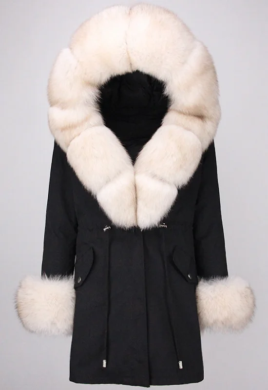 LAVELE Black Parka with Beige Fox Fur