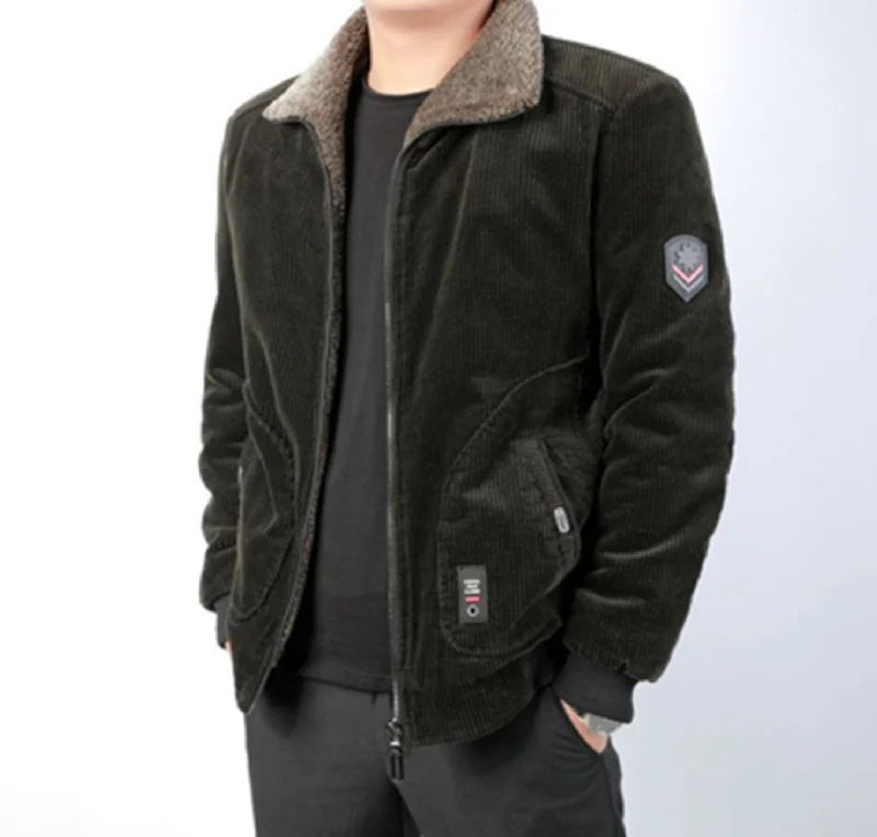 Army Green Men's Fleece Lining  Corduroy Winter  Fleece Warm Coat