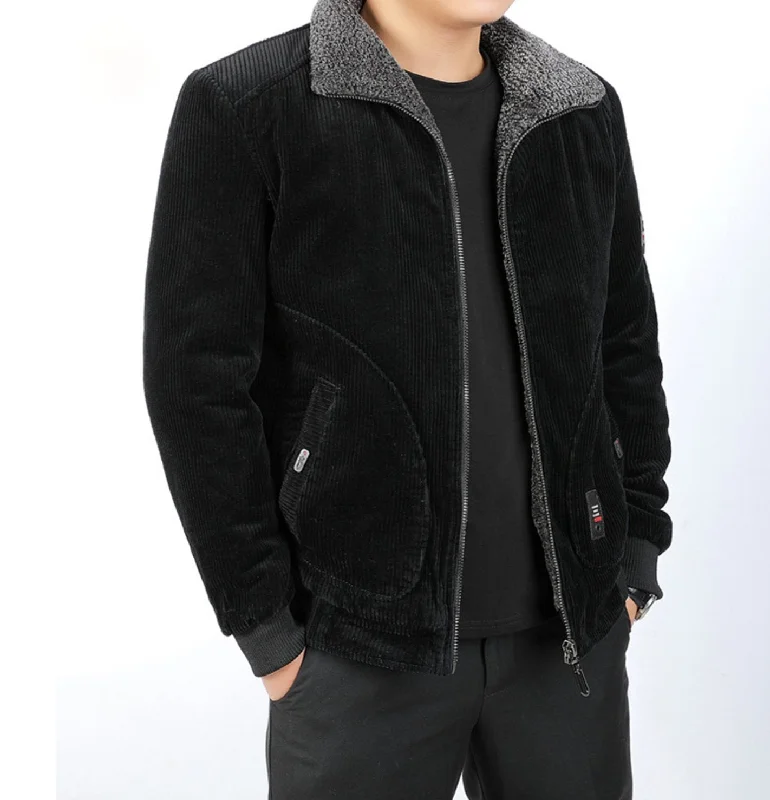 Black Men's Fleece Lining  Corduroy Winter  Fleece Warm Coat
