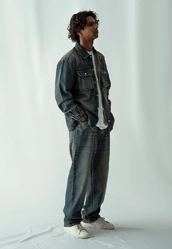 Denim Over Shirt With Flap Pockets -  Dark Blue