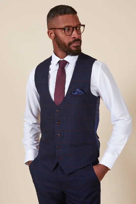 EDINSON - Navy Wine Check Single Breasted Waistcoat