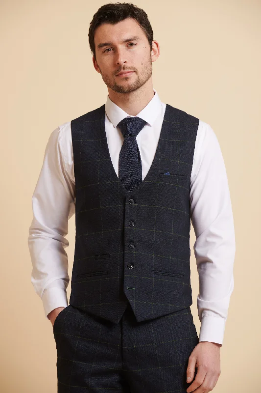 EDINSON - Navy Green Check Single Breasted Waistcoat