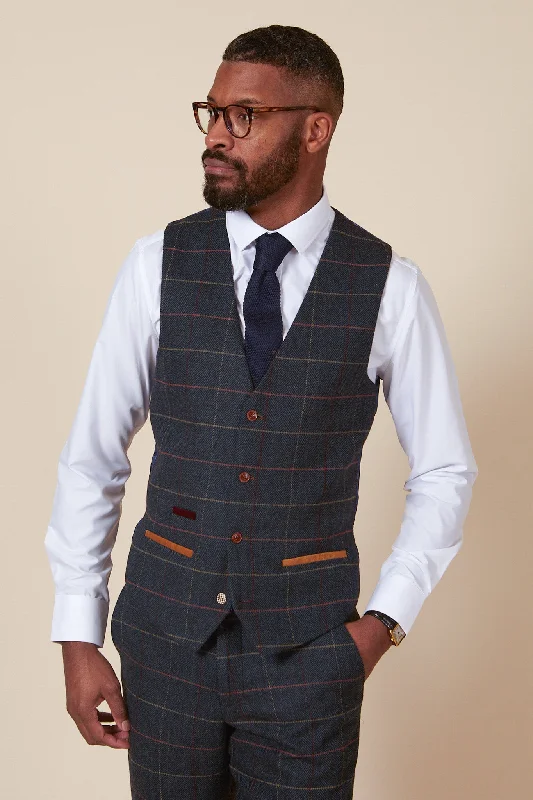 ETON - Single Breasted Navy Blue Tweed Check Waistcoat