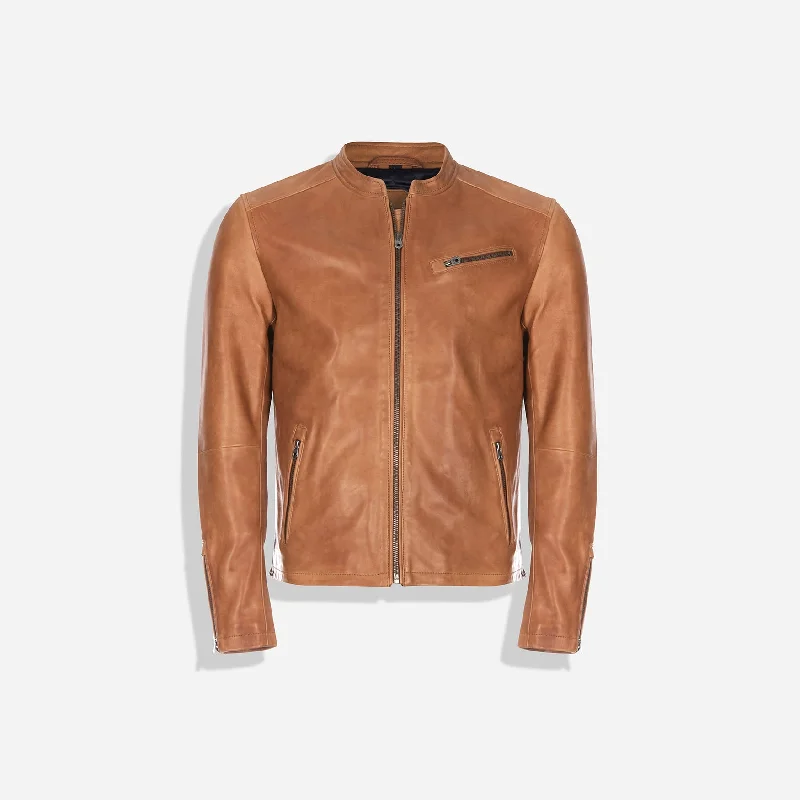Mandarin Collar Leather Jacket, Distressed Tan