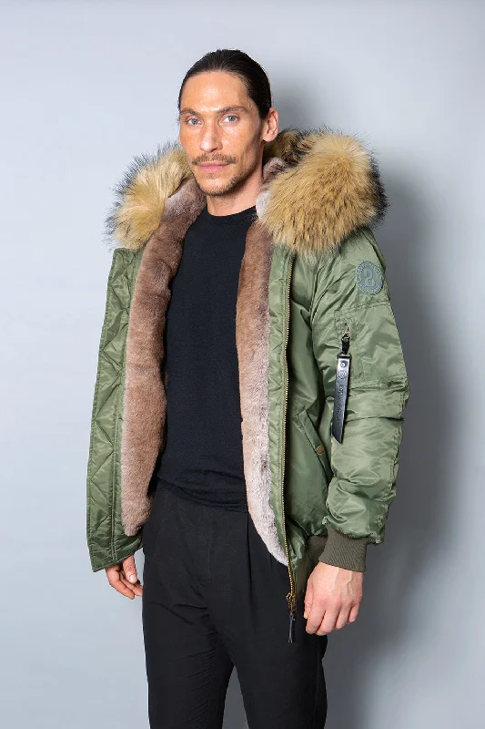 Mens Real Look Faux Fur Bomber Jacket with Natural Lining