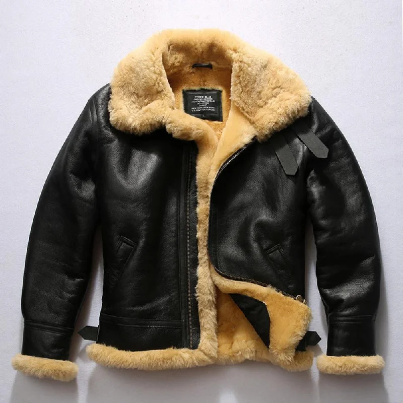 Men‘s B3 Bomber Jacket Sheepskin Shearling Jacket Black