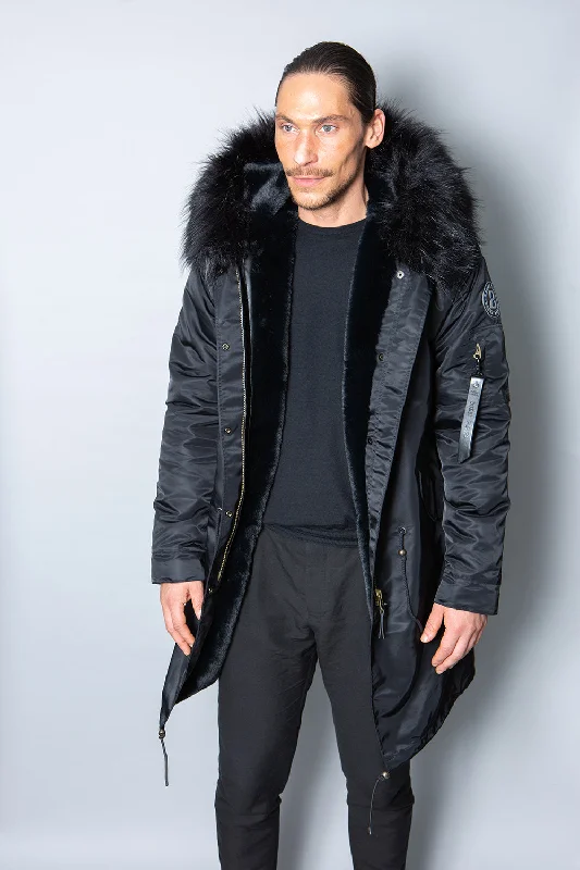 Mens Real Look Faux Fur Collar Parka Jacket with Black Lining 3/4