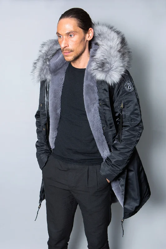 Mens Real Look Faux Fur Collar Parka Jacket with Grey Lining 3/4