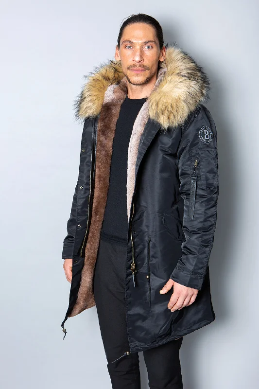 Mens Real Look Faux Fur Collar Parka Jacket with Natural Lining 3/4