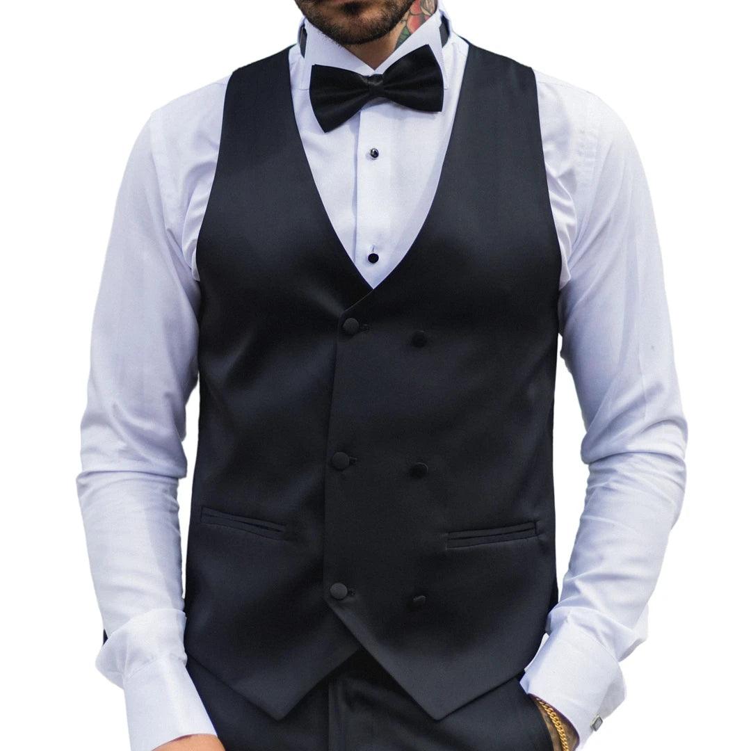 Mens Black Satin Double Breasted Waistcoat Black Tie Dinner Suit Vest Tailored Fit