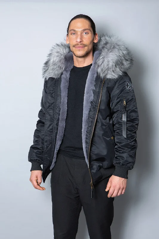 Mens Real Look Faux Fur Bomber Jacket with Grey Lining