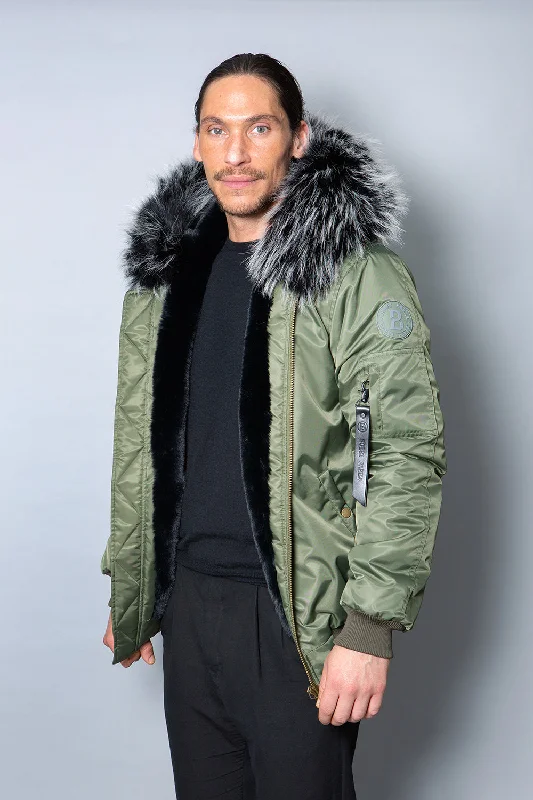 Mens Real Look Faux Fur Bomber Jacket with Black Lining