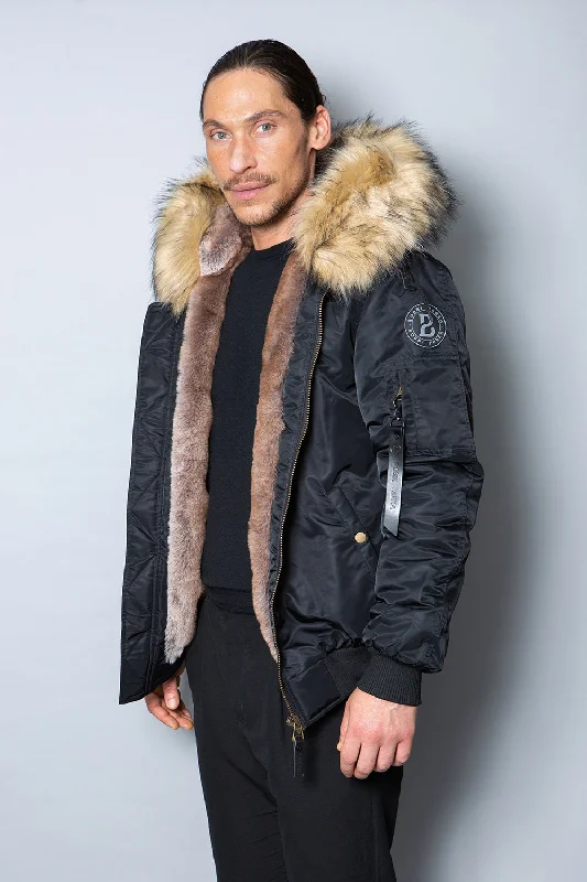 Mens Real Look Faux Fur Bomber Jacket with Natural Lining