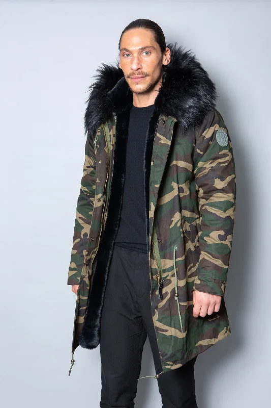 Mens Real Look Faux Fur Collar Parka Jacket with Black Lining 3/4