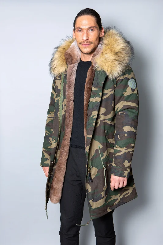 Mens Real Look Faux Fur Collar Parka Jacket with Natural Lining 3/4