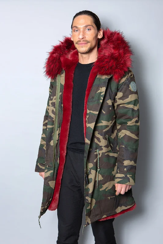 Mens Real Look Faux Fur Collar Parka Jacket with Red Lining 3/4