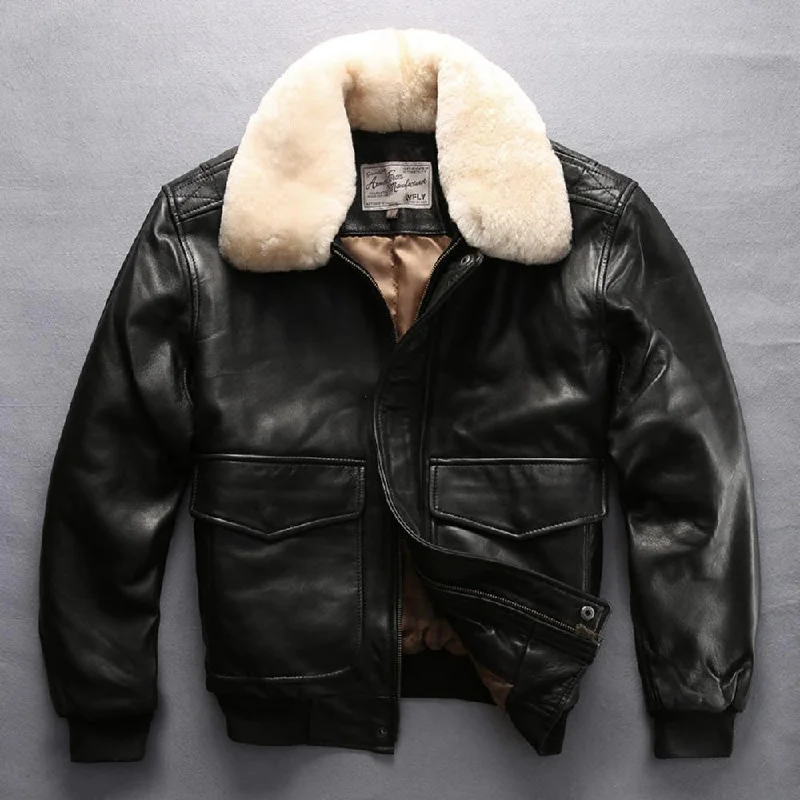 Men's G-1 Pilot Jacket Detachable Wool Collar Sheepskin Bomber Jacket