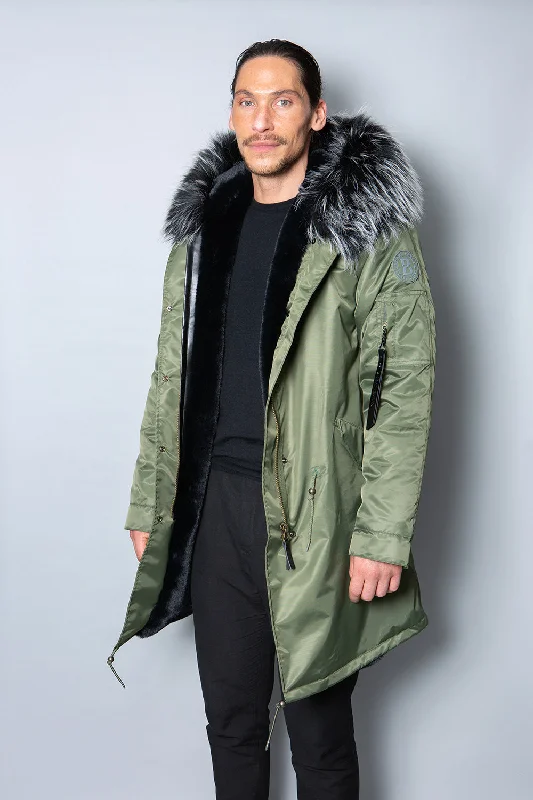 Mens Real Look Faux Fur Collar Parka Jacket with Black Lining 3/4