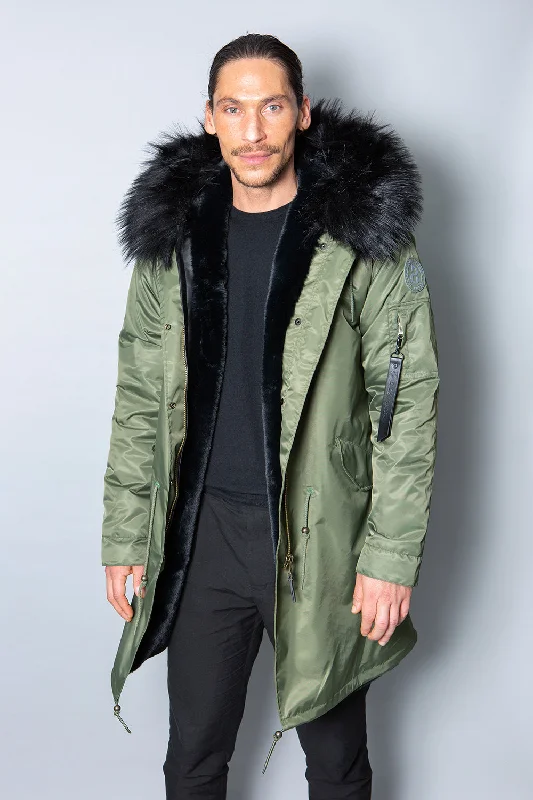 Mens Real Look Faux Fur Collar Parka Jacket with Black Lining 3/4