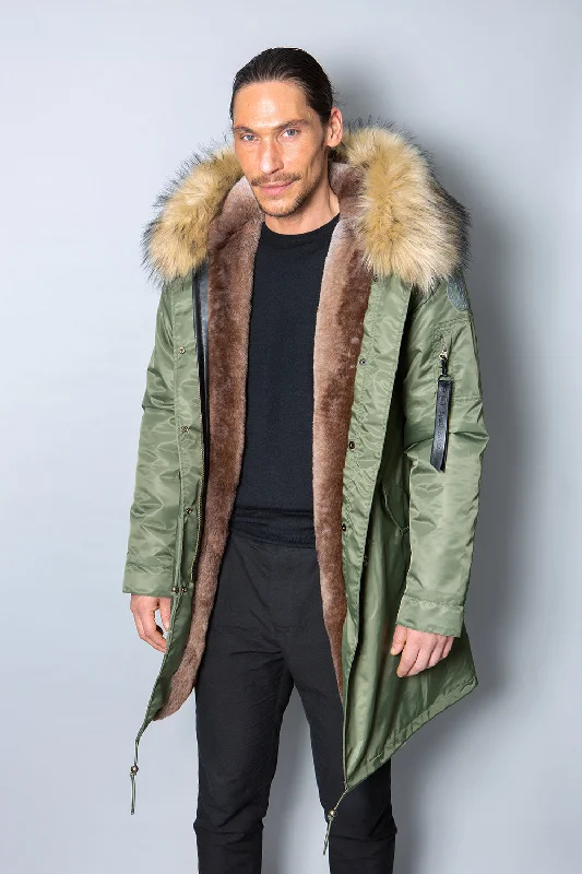 Mens Real Look Faux Fur Collar Parka Jacket with Natural Lining 3/4