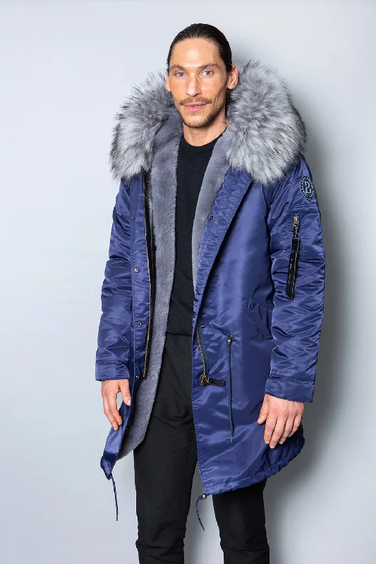 Mens Real Look Faux Fur Collar Parka Jacket with Grey Lining 3/4