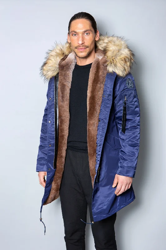 Mens Real Look Faux Fur Collar Parka Jacket with Natural Lining 3/4