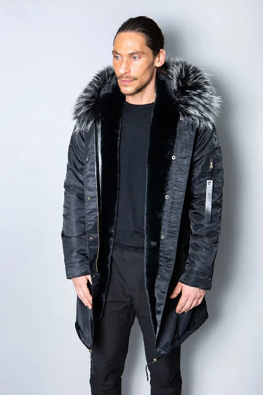 Mens Real Look Faux Fur Collar Parka Jacket with Black Lining 3/4