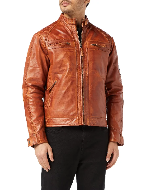 MEN'S LEATHER TAN BIKER JACKET