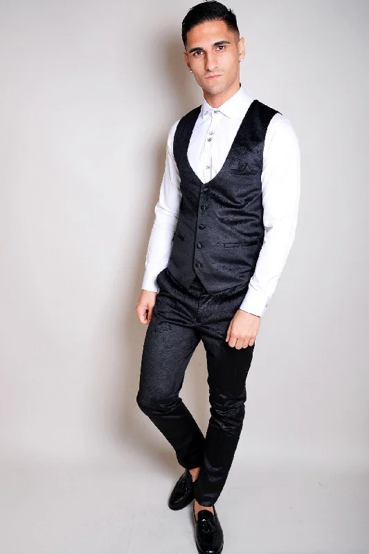 Simon Jacquard Black Velvet Waistcoat :- Plain Waistcoats