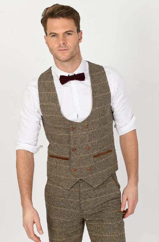 Ted Tan Tweed Check Double Breasted Waistcoat | Check Waistcoat | Wedding Wear | Office Wear