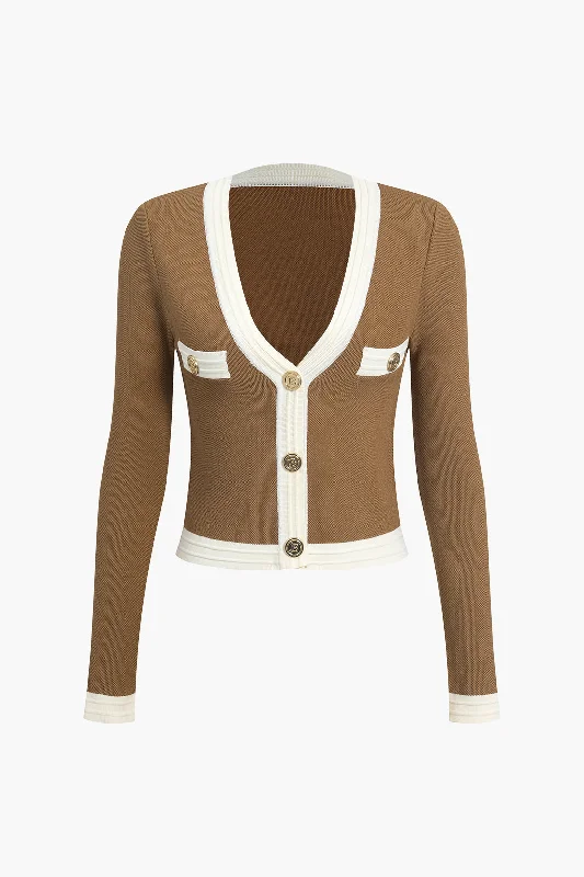 Contrast Knit Button Long-Sleeve Top