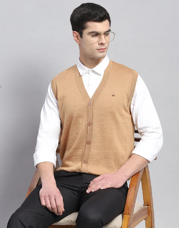 Men Beige Solid V Neck Sleeveless Cardigan