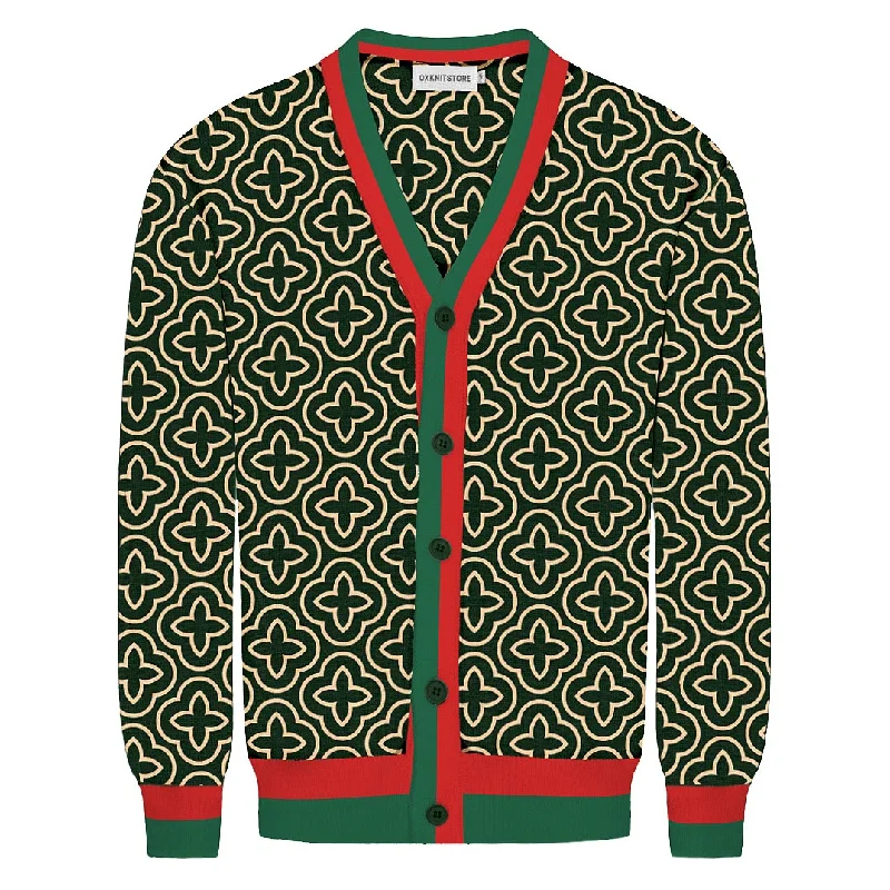 Men's green jacquard contrast knit cardigan sweater