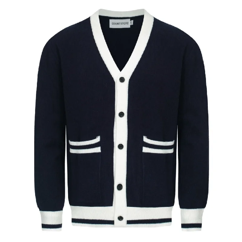 Men's Navy Blue Knitted Long Sleeves Cardigan With Double Pockets