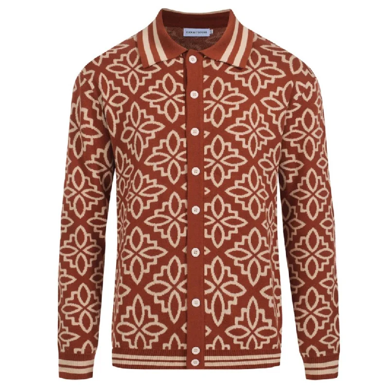 Men's Retro Floral Knit Cardigan – Bold 70s Pattern Long-Sleeve Shirt