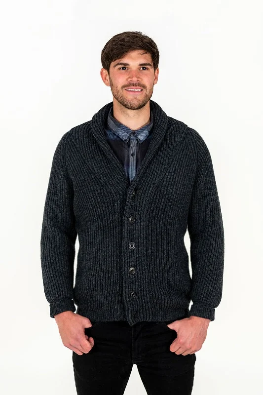 Mens ribbed Shawl Collar wool Cardigan - Charcoal