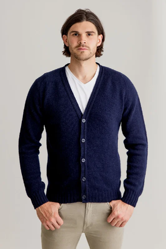 Mens Saddle Shoulder Shetland Cardigan - Navy