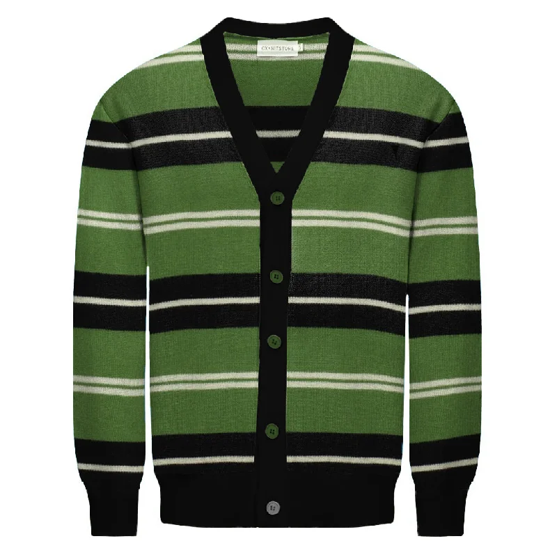 Men's Striped Knit Cardigan – Classic Green and Black Retro Button-Up Sweater for Timeless Style