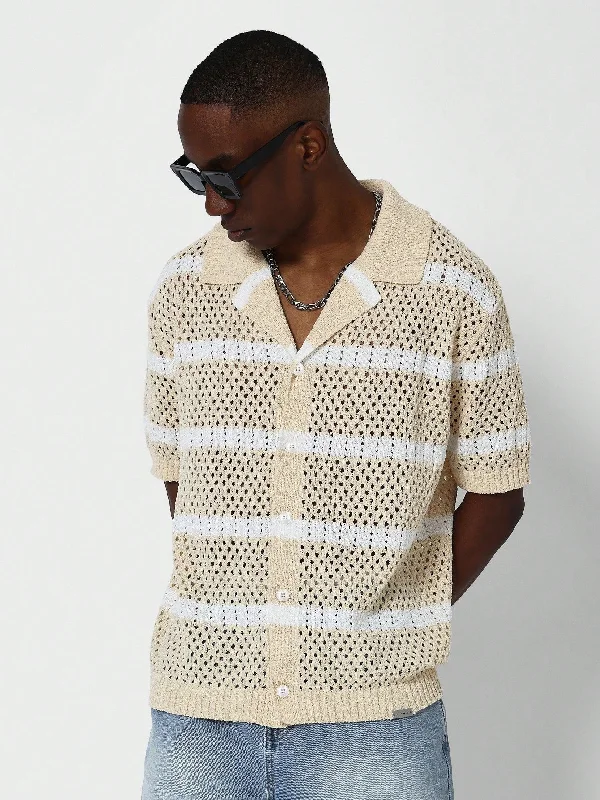Oversized Fit Button Through Crochet Knit Shirt