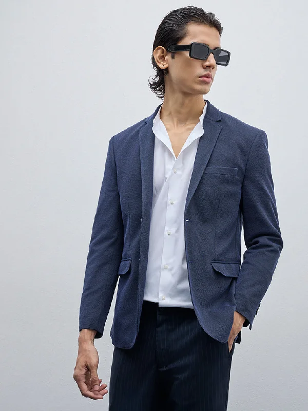 WES Formals Navy Solid Single Breasted Slim-Fit Blazer